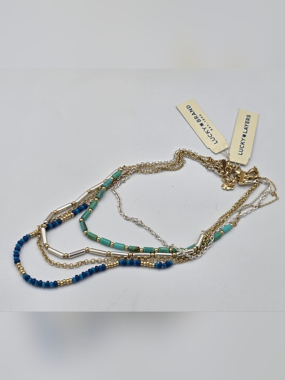 Lucky Brand Layered Blue & Teal Beaded Multi-Strand Necklace Coastal Boho New - Picture 1 of 5